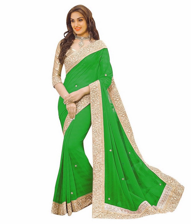 female fashion lace border green saree