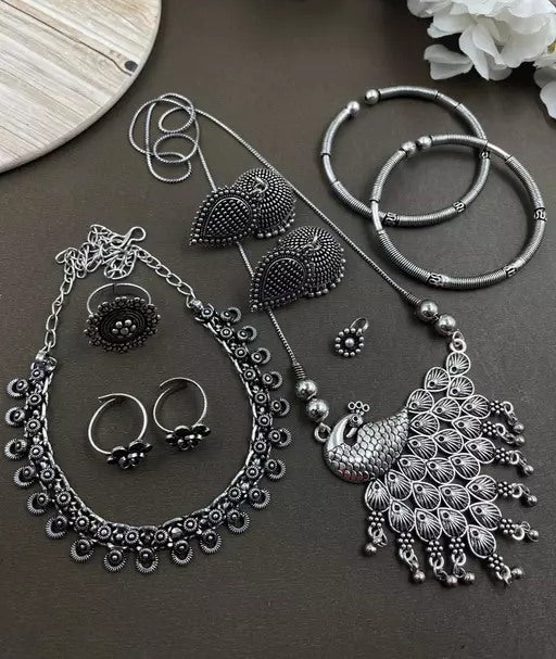 German silver oxidised peacock multi jewelry set