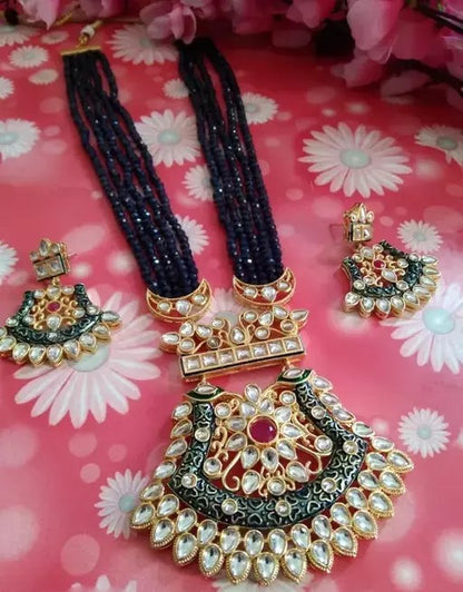 Gold plated brass kundan beads jewellery set