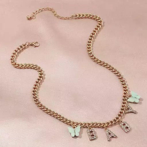Gold plated steel diamond latter butterfly necklace