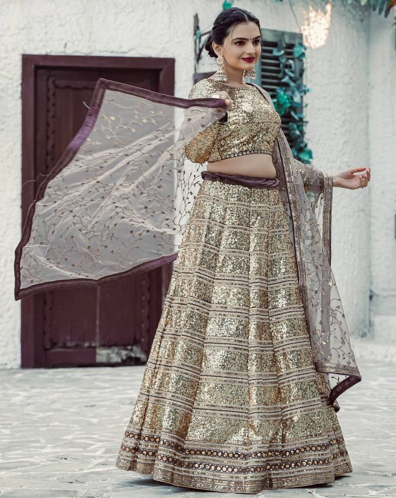 Golden heavy sequence work designer wedding lehenga choli