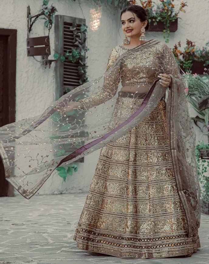 Golden heavy sequence work designer wedding lehenga choli