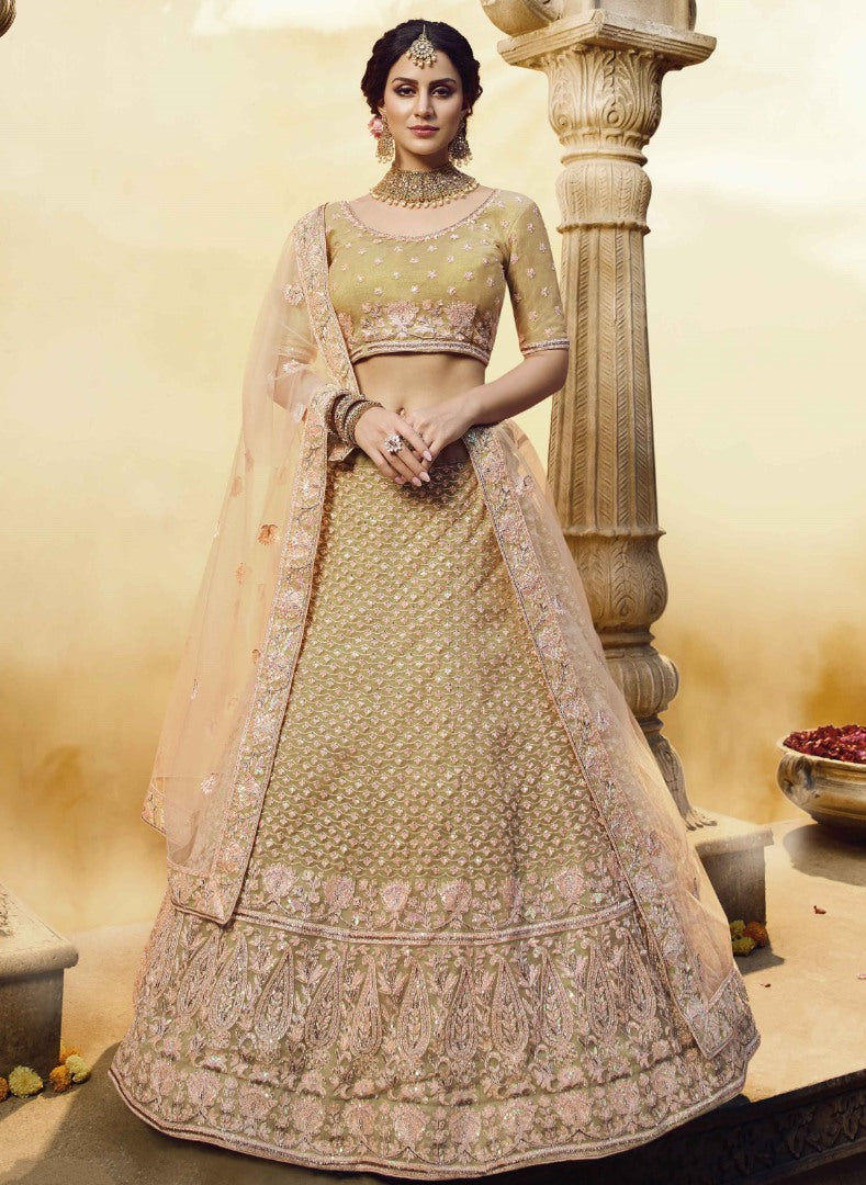 Golden soft net gota silk pearl work bridal lehenga choli