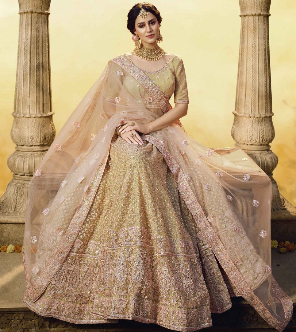 Golden soft net gota silk pearl work bridal lehenga choli