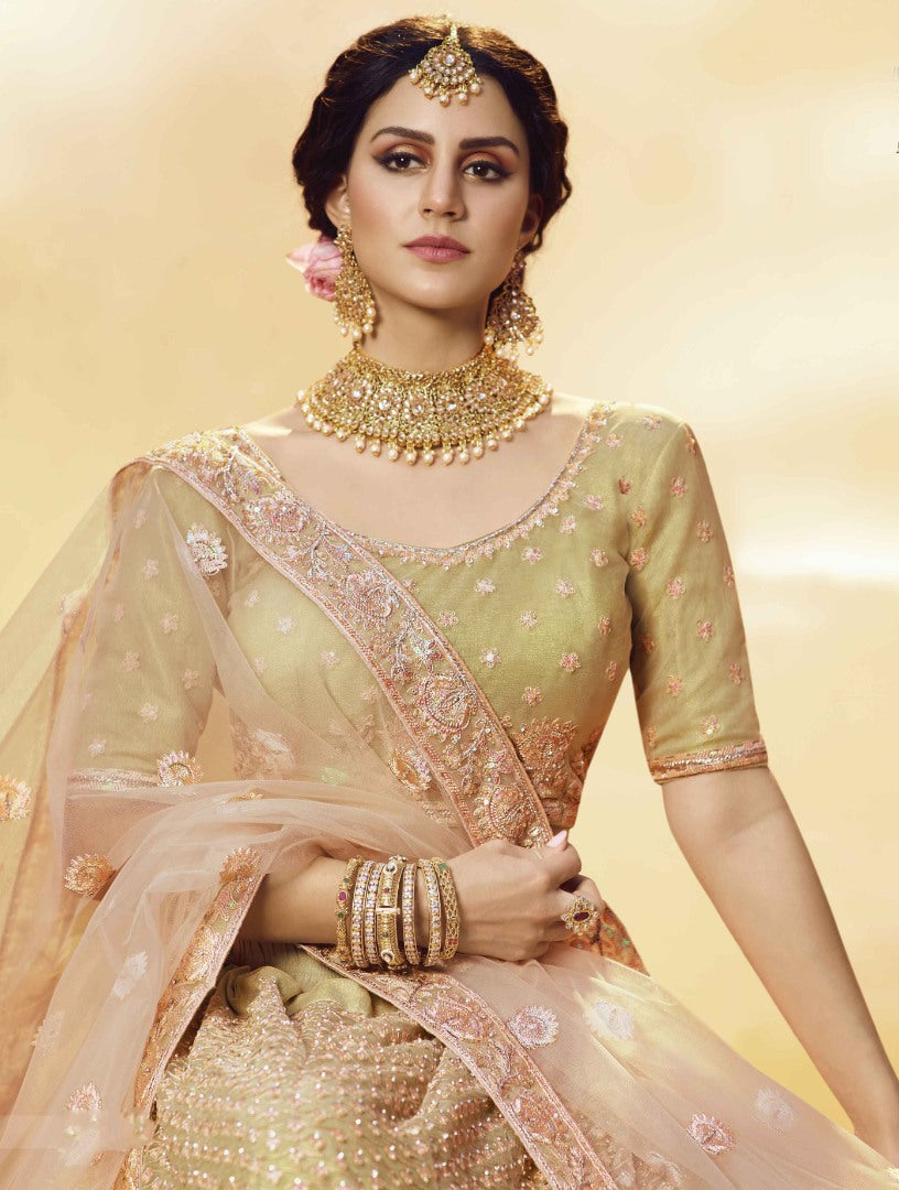 Golden soft net gota silk pearl work bridal lehenga choli