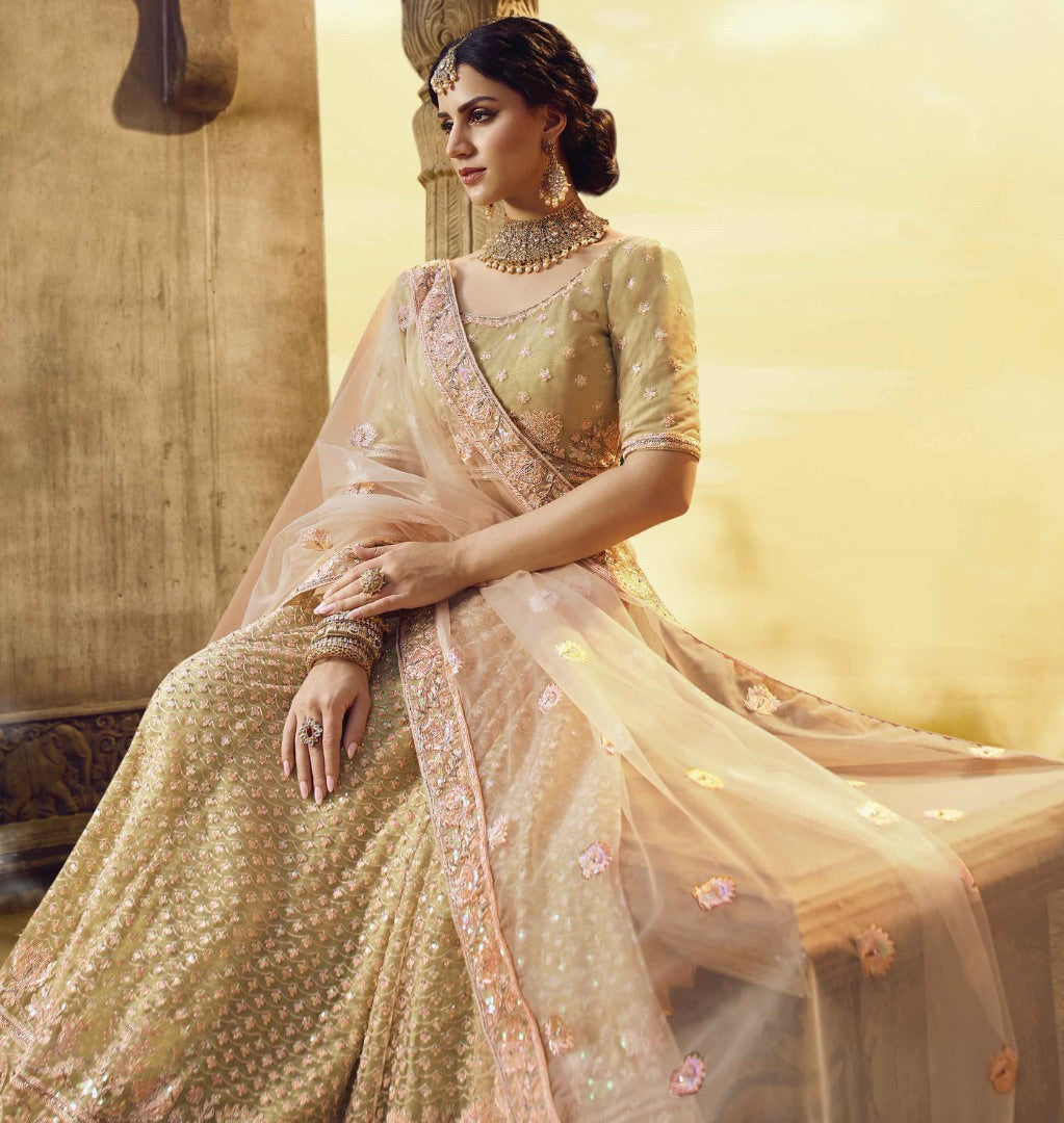 Golden soft net gota silk pearl work bridal lehenga choli