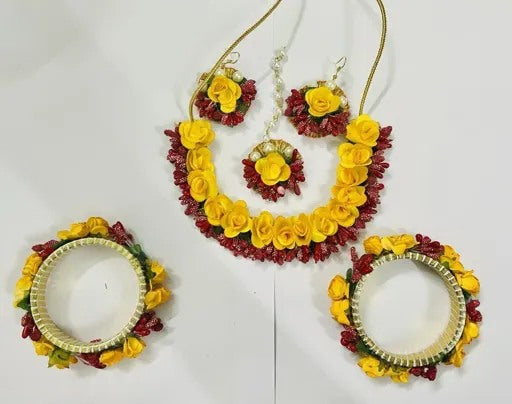 Golden Yellow Flower Jewellery Set for Women & Girls (Mehandi/Haldi/Bridal/Baby Shower/Marriage/Wedding)