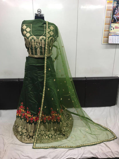 green banglory silk resham and zari thread work embroidered wedding lehenga