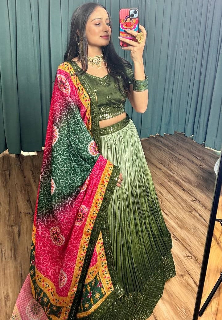 Green chinon silk lehenga ceremonial choli