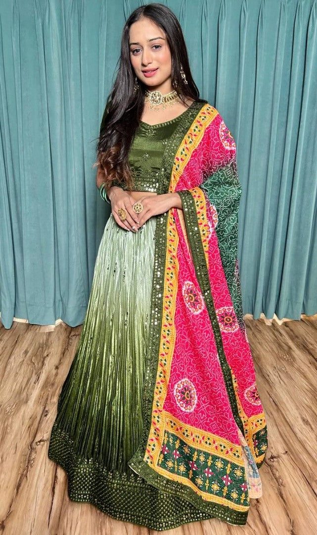 Green chinon silk lehenga ceremonial choli