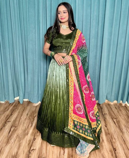 Green chinon silk lehenga ceremonial choli