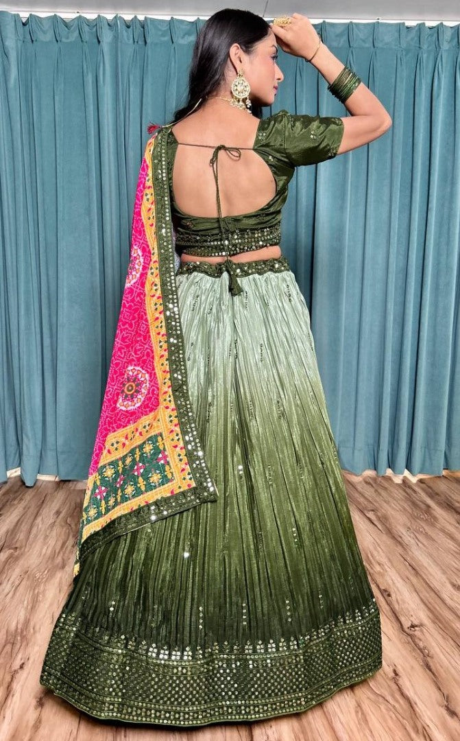 Green chinon silk lehenga ceremonial choli