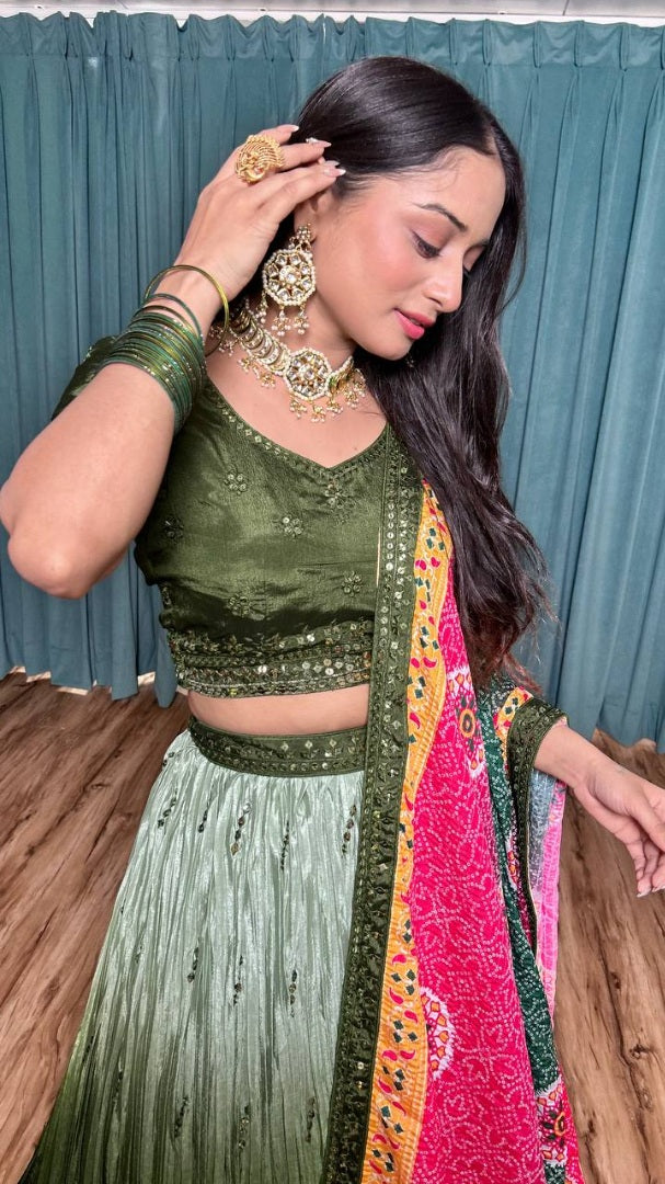 Green chinon silk lehenga ceremonial choli