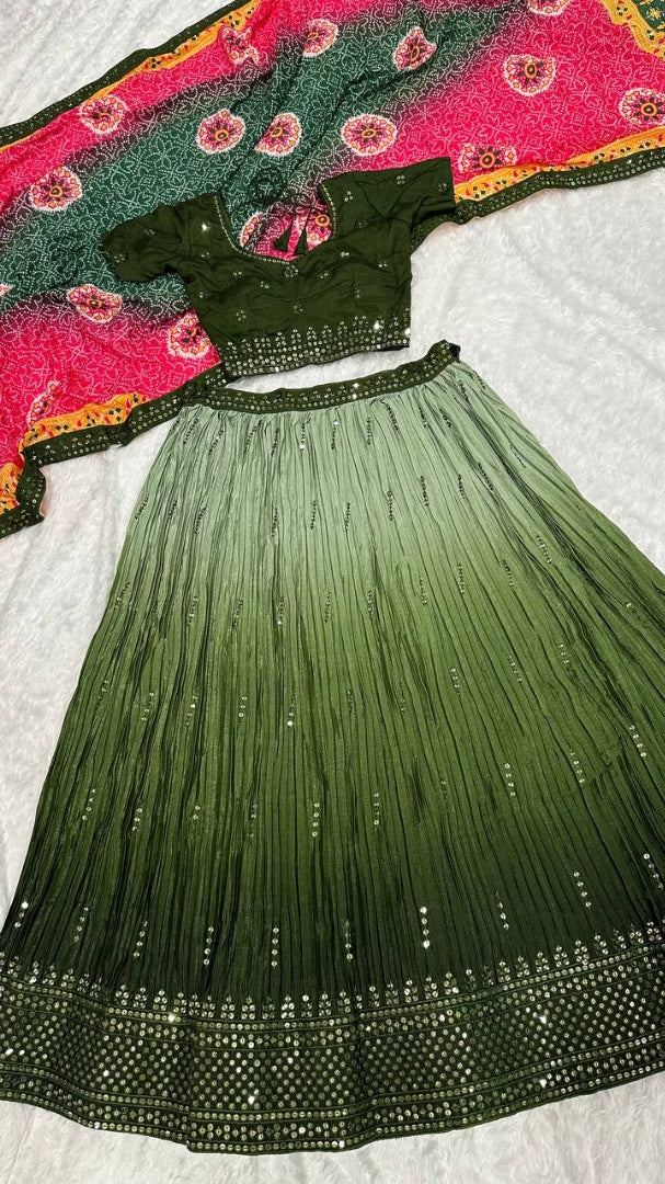 Green chinon silk lehenga ceremonial choli