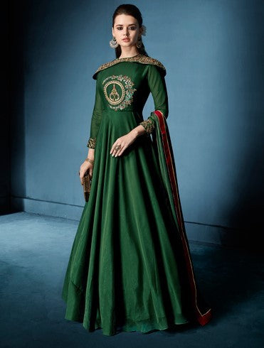 Green Colored Soft tapeta Silk Zari & Resham Embroidery with Stone and Moti Work Semi Stitched gown