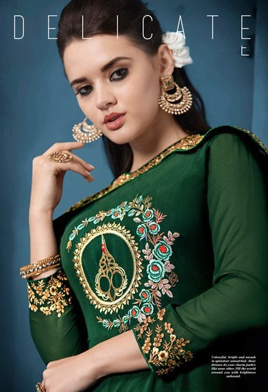 Green Colored Soft tapeta Silk Zari & Resham Embroidery with Stone and Moti Work Semi Stitched gown