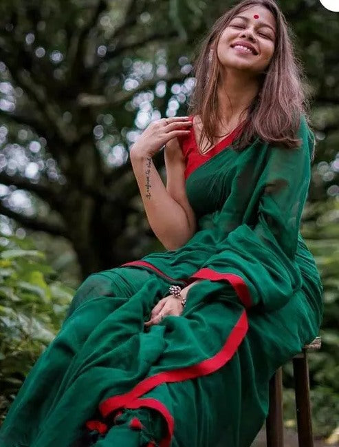 Green cotton plain saree