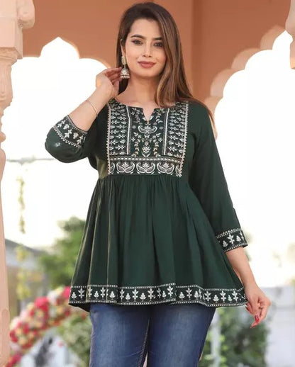 Green cotton printed short kurti