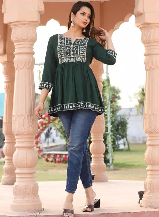 Green cotton printed short kurti