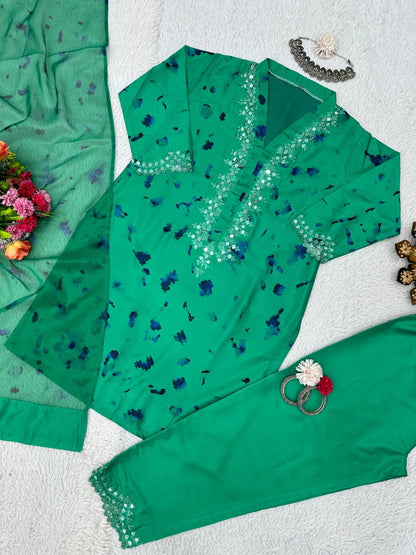 Green crepe printed pant suit with dupatta