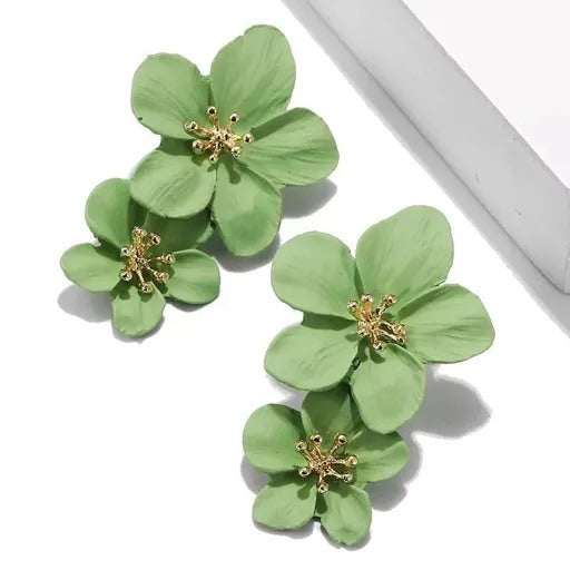 Green Double Flower Earrings