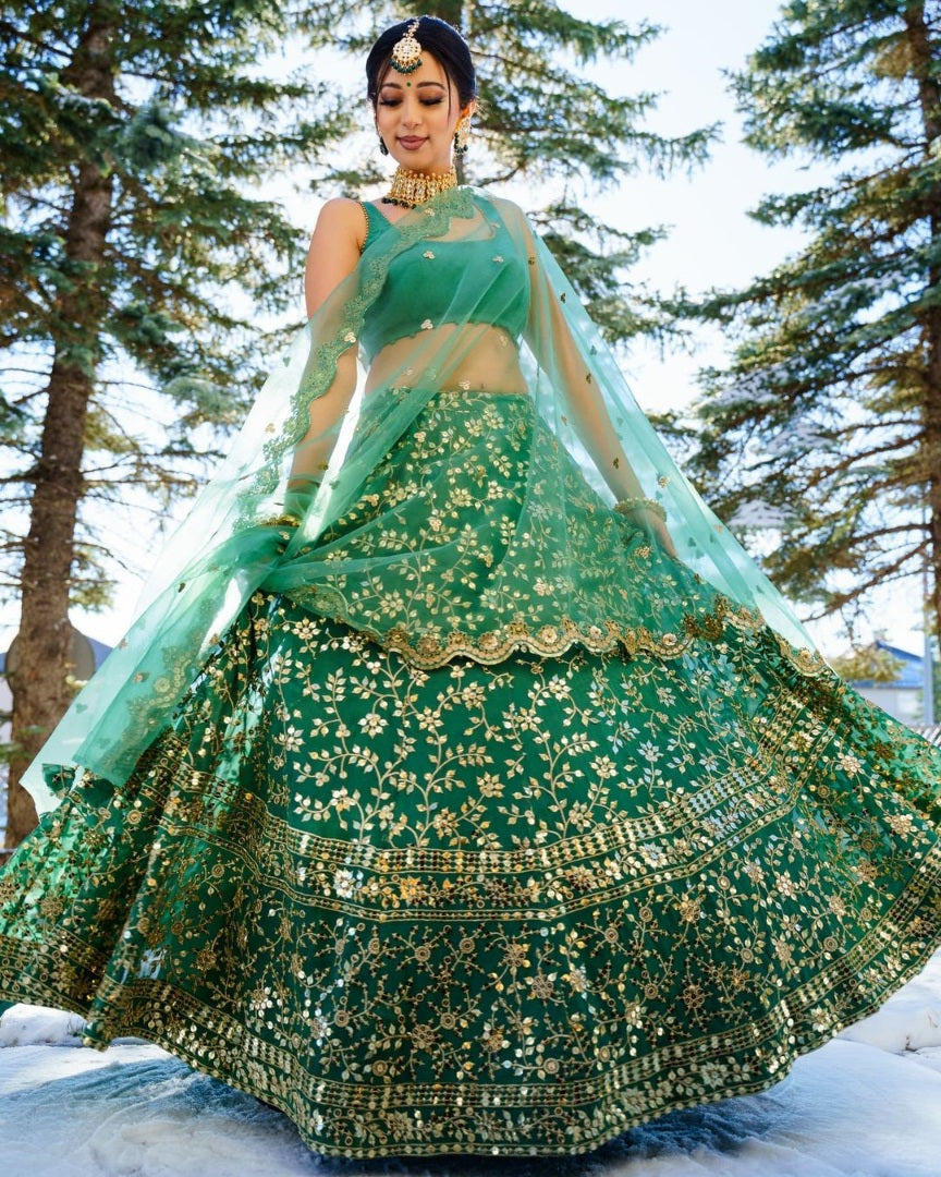 Green georgette big sequence work wedding lehenga choli