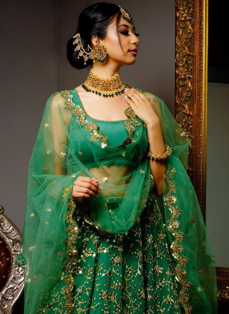 Green georgette big sequence work wedding lehenga choli