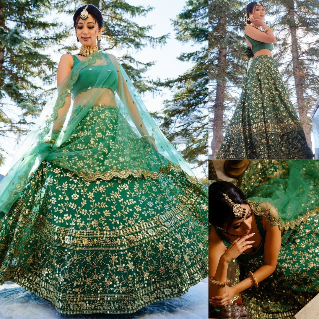 Green georgette big sequence work wedding lehenga choli