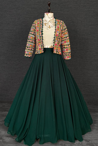 Green georgette crop top indowestern lehenga with heavy embroidered jacket