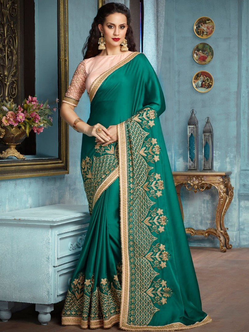 green georgette embroidered wedding wear saree