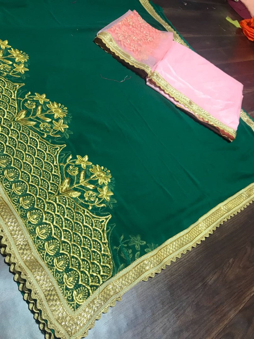 green georgette embroidered wedding wear saree