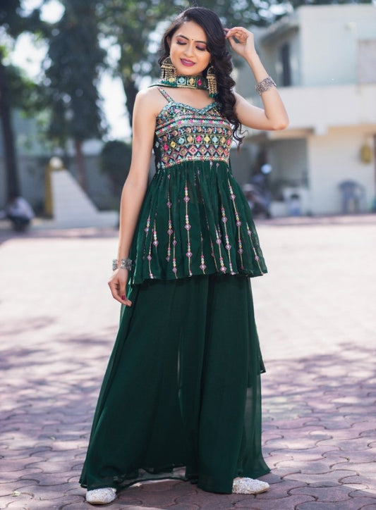 Green georgette fancy embroidery work sharara suit
