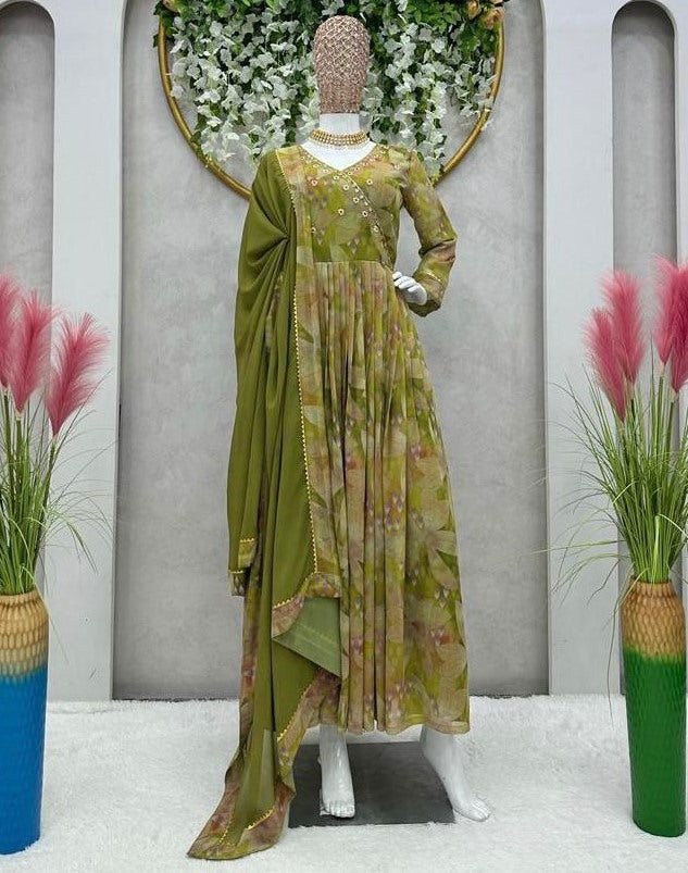 Green georgette floral print and handwork anarkali suit