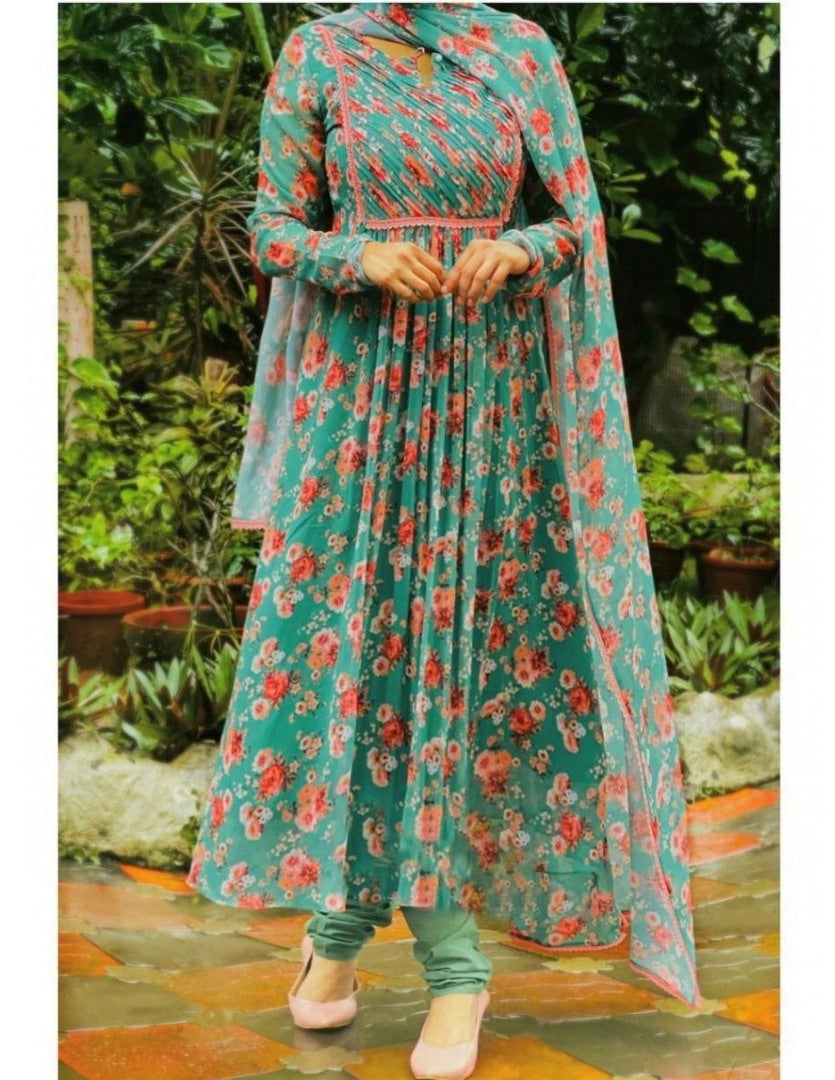 Green georgette floral printed anarkali suit