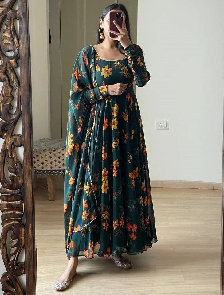 Green georgette floral printed anarkali suit