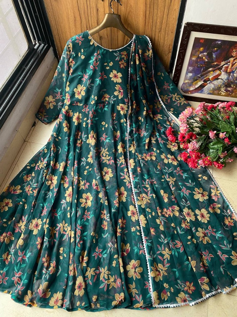 Green georgette floral printed anarkali suit