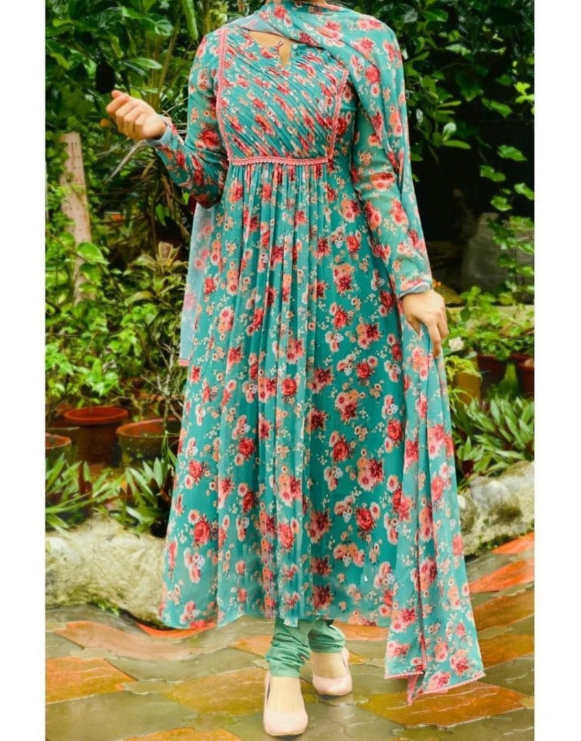 Green georgette floral printed anarkali suit