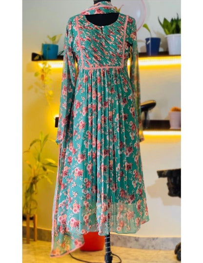 Green georgette floral printed anarkali suit