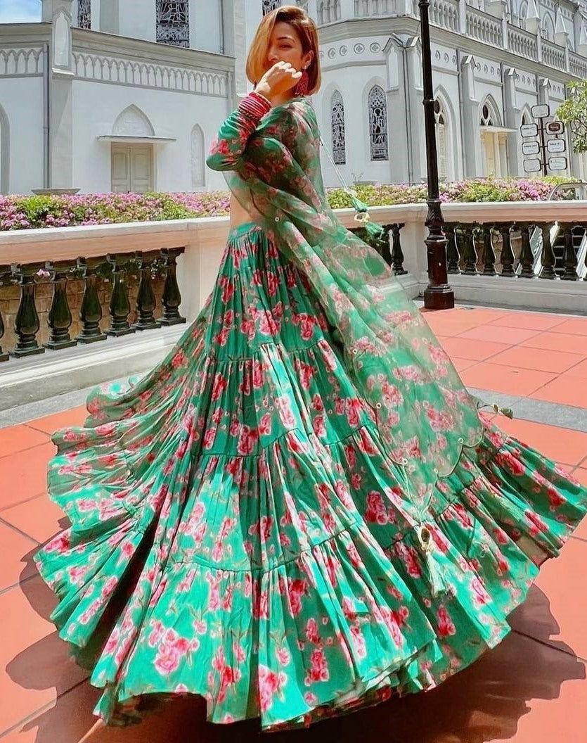 Green georgette flower printed lehenga choli