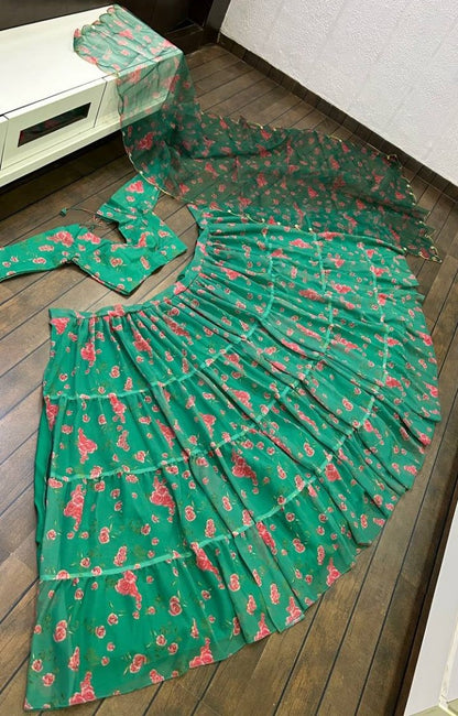 Green georgette flower printed lehenga choli