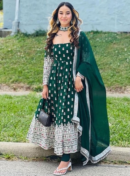 Green georgette heavy embroidered wedding anarkali suit