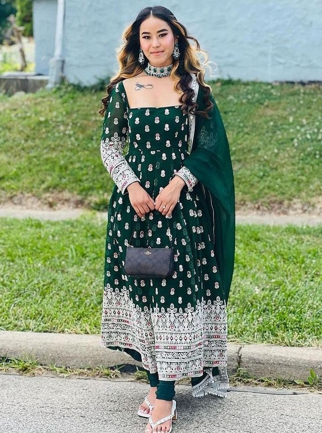 Green georgette heavy embroidered wedding anarkali suit