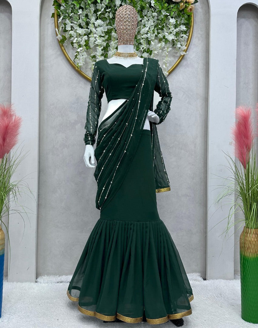 Green georgette ready to wear wedding lehenga saree