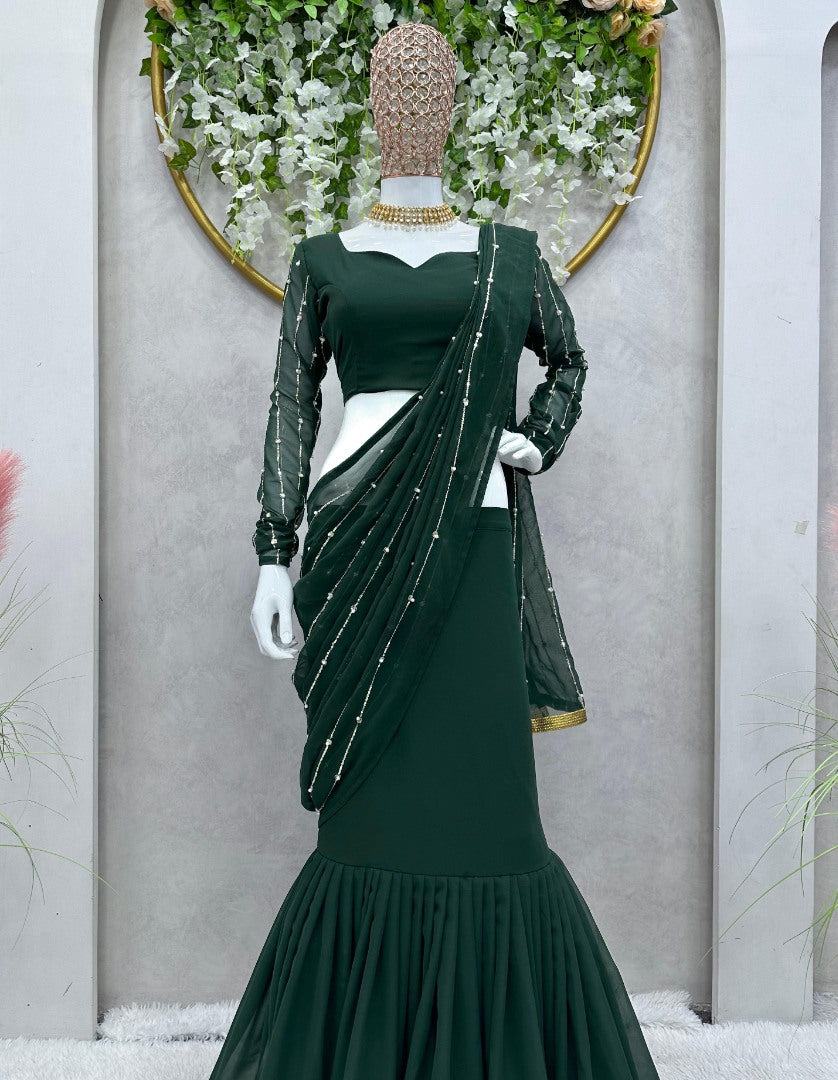 Green georgette ready to wear wedding lehenga saree