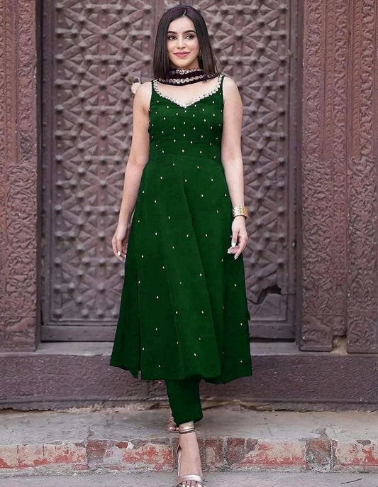 Green georgette sequence and pearl work gown