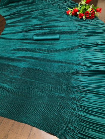 Green japan satin silk pleated partywear saree