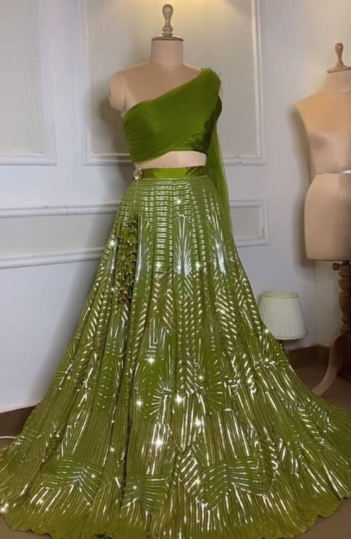 Green kasturi silk heavy sequence work lehenga choli for ceremony