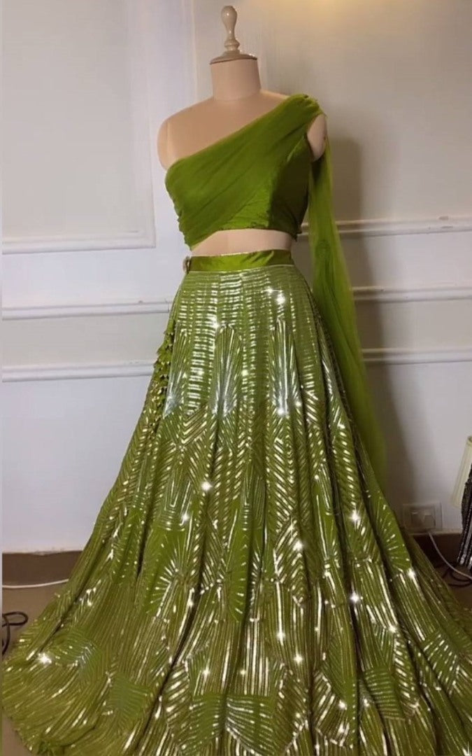 Green kasturi silk heavy sequence work lehenga choli for ceremony