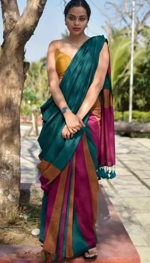 Green khadi cotton color block print saree