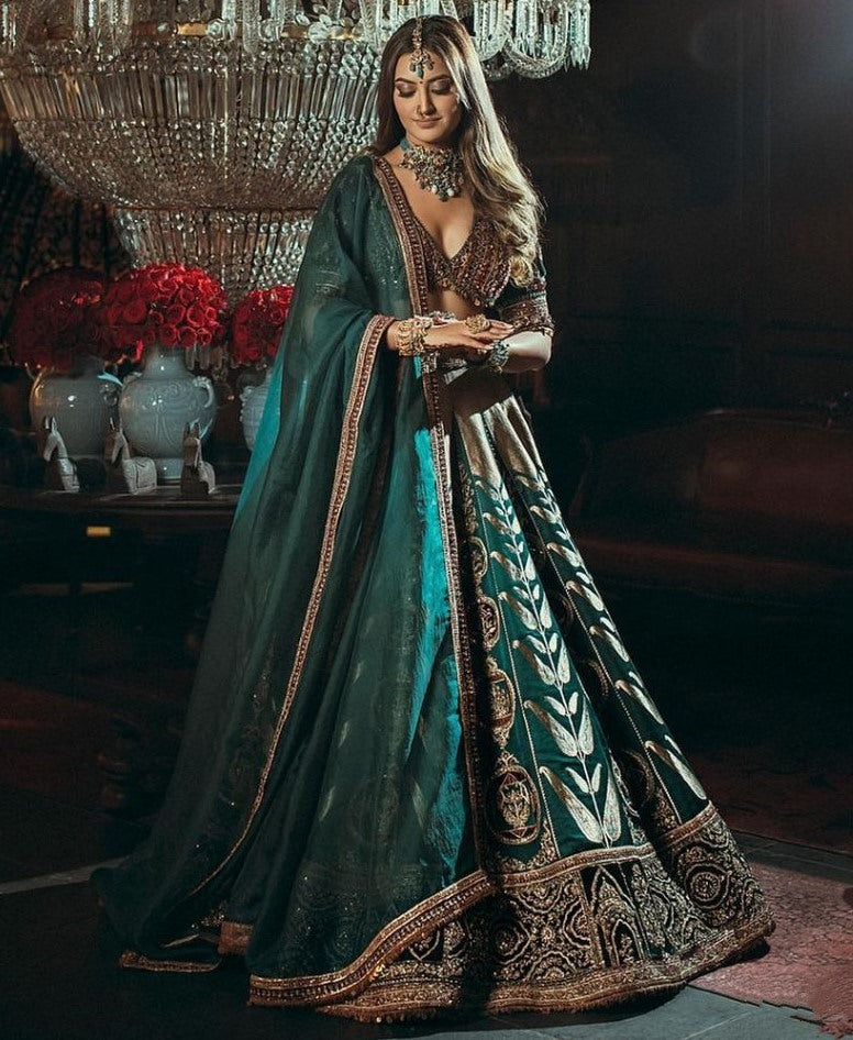 Green mulmul silk heavy work wedding bride lehenga